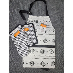 Bib Apron Potholder & Tea Towel MU Kitchen Cotton Park-Onyx Black White Gift Set